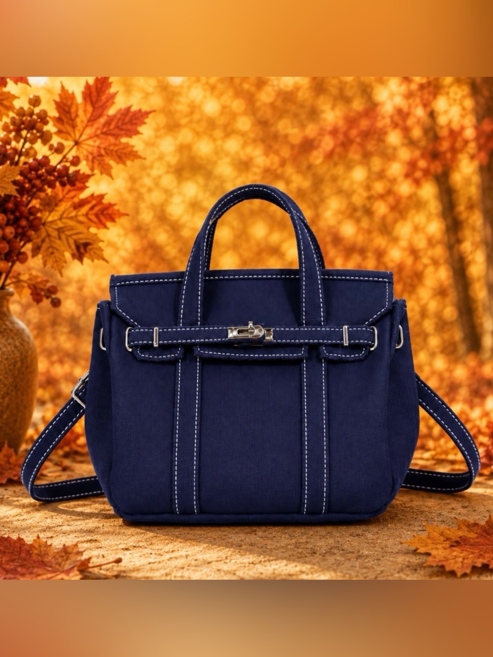 Small Navy Canvas Tote Bag with Adjustable Strap
